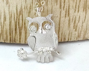 Owl animal from cubic zirconia necklace 925 silver,  forget me not nacklace, Israel necklace, owl jewelry