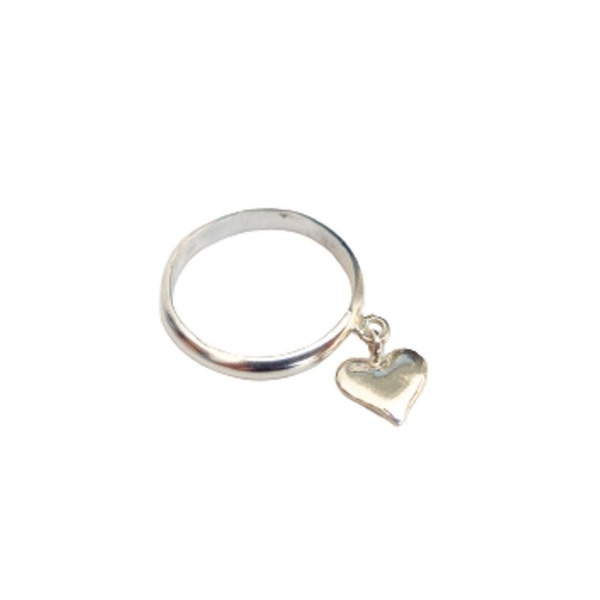 Dangle charme hart sterling zilver 925 minimalistische ring, ring met charme, bungelende charme ring, sterling zilveren bungelende ring