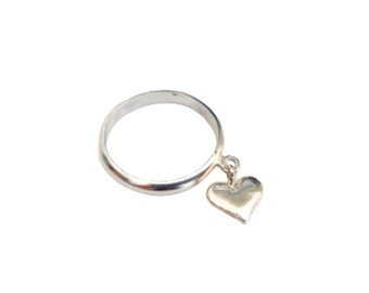 Dangle charm heart sterling silver 925 minimalistic ring, ring with charm, dangle charm ring, sterling silver danglering ring