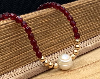 Red Czech beads necklace with natural pearl and 14K gold filled ball beads, garnet jewelry necklace, israel jewelry white pearl