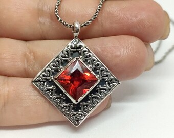 Sterling Silver Filigree Red Zircon Pendant Necklace, Israel Jewelry