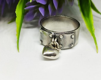 Bengelen bedel hart sterlingzilver 925 ring, ring met bedel, bengelen bedelring, sterlingzilveren bungelring, Israëlische vrouwenring