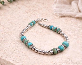 Pulsera de plata de ley con turquesa y cuentas, delicada joya con piedras preciosas, pulsera de turquesa para hombre, regalo para él.