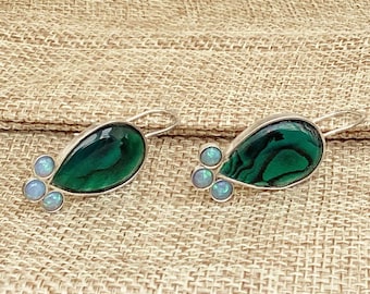 Blue paua abalone shell and Blue Opal on silver 925 cabochon dangle earring, jewelry from Israel, silver earring handmade