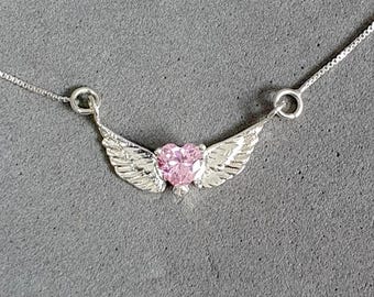 Collana con ali in argento sterling, cuore con zirconi rosa, ciondolo angelico
