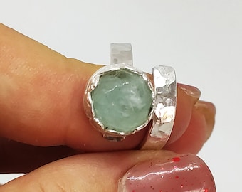 Aquamarine ring, silver spiral ring, gemstone ring, green stone ring, handmade ring, sterling silver ring,  made in israel