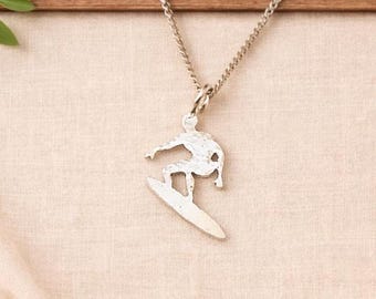 Sterling Silver Surfing Necklace: Handmade Surfboard Pendant, Beach Jewelry