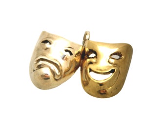 Smile Sad Drama Mask yellow and white 14K Gold Fine pendant Pendant, Tha Comedy mask, Tragedy mask, jewelry from Israel