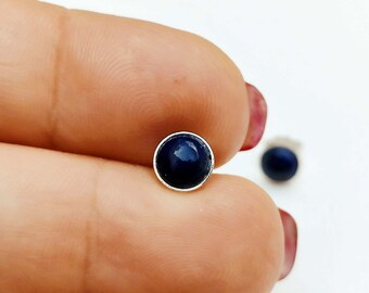 Blue Lapis lazuli 6 mm and Sterling Silver small post earrings studs, silver earring handmade, teal stone earring