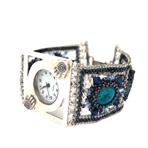 Silver 925 bracelet watch with turquoise and Lapis Lazuli square stone, sterling silver watch for Women, jewelry from Israel