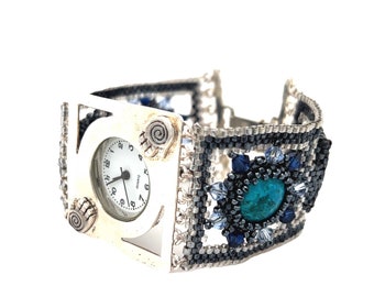 Silver 925 bracelet watch with turquoise and Lapis Lazuli square stone, sterling silver watch for Women, jewelry from Israel