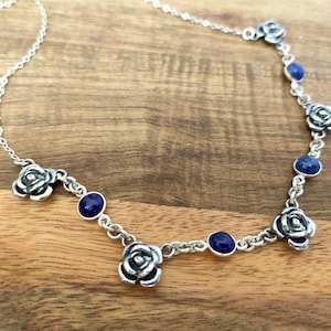 Antique forget me not flower charm Gift for her nacklace silver floral necklace for woman and lapis lazuli gemstone