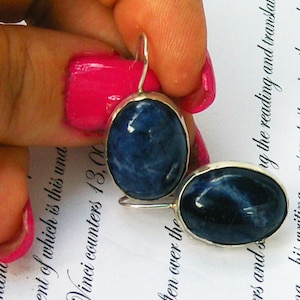 lapis lazuli earrings, silver blue stone earring drop, Sterling Silver cabochon dangle earring, silver earring handmade, jewelry from Israel