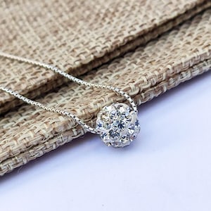 Crystal Pave Ball sterling silver Necklace, Disco Ball Necklace, Faux Diamond Pave Necklace, silver ball pendant necklace