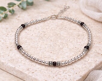 Red Garnet Gemstone Bracelet with Oxidized Sterling Silver Beads for women, January Birthstone