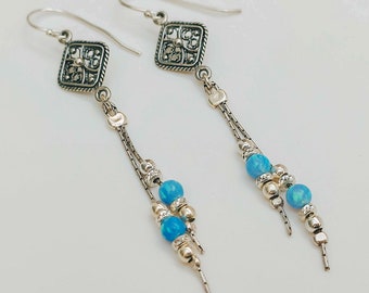 Handmade Sterling Silver Blue Opal Dangle Earrings, Boho Filigree Jewelry