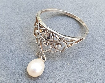 Zilveren parelring, bedelring, parelhangring, sterlingzilveren parelbedelring