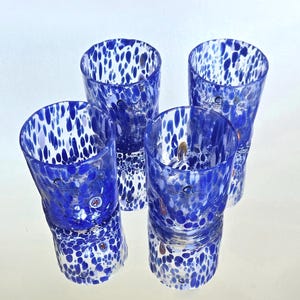 Murano Glass Tumblers: Blue Millefiori, Hand Blown in Italy, Set of 4