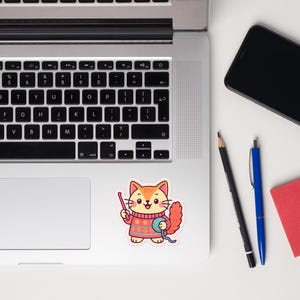Sticker gehaakte kat – Cute Yarn Cat-vinylsticker voor laptops, tijdschriften en knutselaars | Waterdicht, luchtbelvrij vinyl