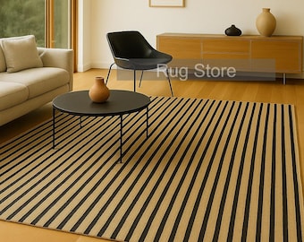 Tapete moderno minimalista com listras em preto, bege e dourado – Tapete de lã tufado à mão