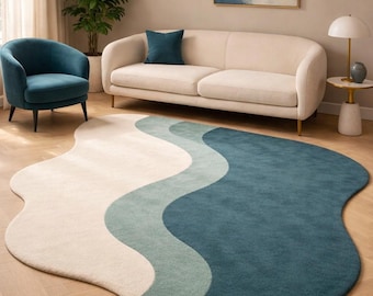 Tapete moderno com formato irregular – Design de ondas orgânicas, tapete tufado escandinavo, tapete contemporâneo para sala de estar.