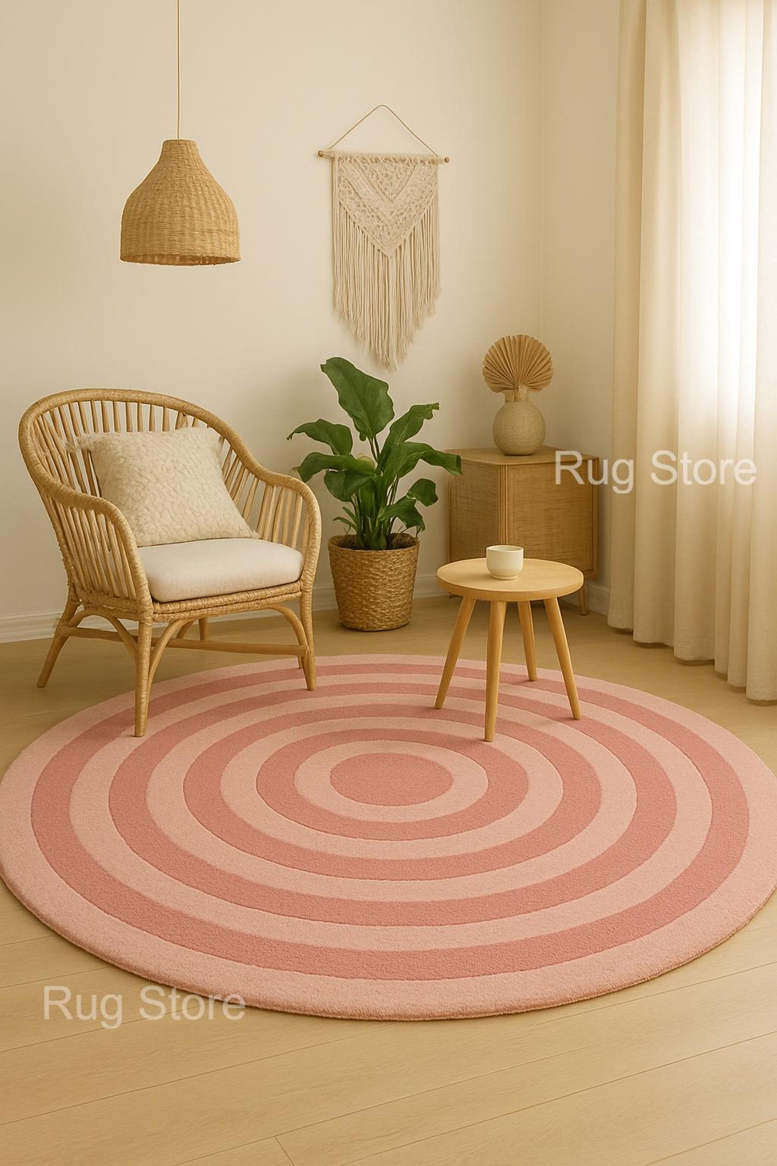 Hand Tufted Wool Round Rug, Blush Pink Concentric Circles, Modern ...