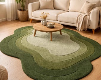 Irregular Green Area Rug, Hand Tufted Abstract Moss Rug, Modern Organic Shape Carpet