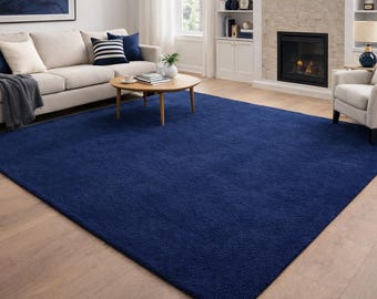 Tapete liso e grosso azul marinho, tapete felpudo e moderno para sala de estar.