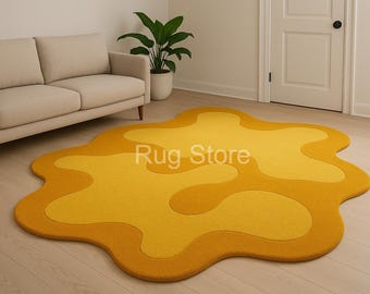 Tapete abstrato amarelo mostarda – Tapete moderno feito à mão com design irregular.