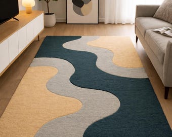Tapete de lã tufado à mão: Tapete moderno abstrato ondulado em tons de verde-azulado e bege.