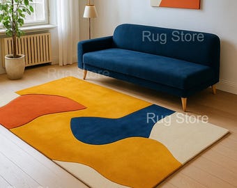 Modern Abstract Area Carpet, Blue Yellow Color Block Living Room Decor