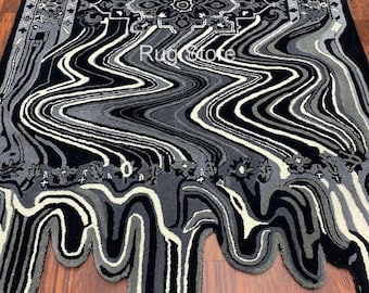 Black & Grey Melted Persian Rug – Abstract Drip Design Handmade Tufted Area Rug