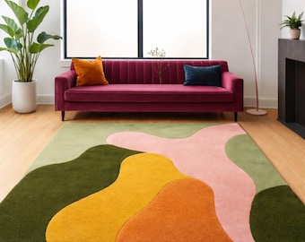 Tapete abstrato moderno, tapete tufado à mão com blocos de cores, decoração contemporânea para casa.