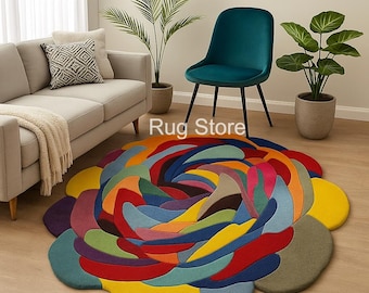 Modern Abstract Floral Hand-Tufted Wool Rug, Colorful Sculpted Statement Rug, Contemporary Living Room Carpet