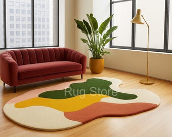 Modern Abstract Hand-Tufted Area Rug – Organic Shape Design in Mustard, Olive Green, Terracotta & Ivory
