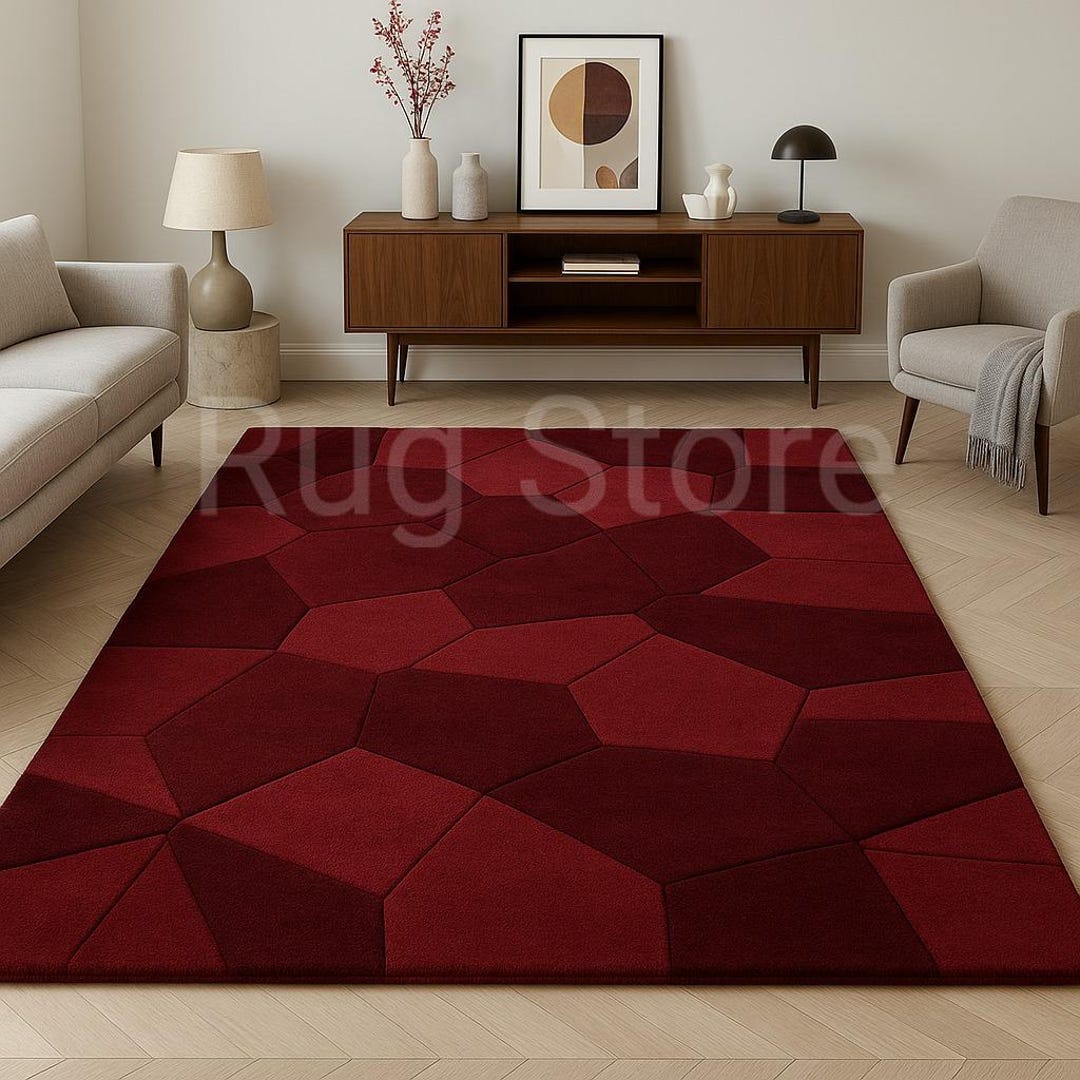 Red Wine Geometric Area Rug: Modern Polygon Pattern, Wool Carpet - Etsy