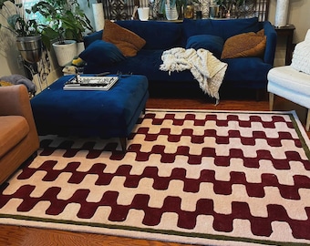 Blush Pink & Burgundy Hand Tufted Wool Rug | Modern Wavy Abstract Area Rug
