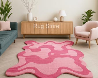 Handgetuft wollen vloerkleed, onregelmatig roze abstract vloerkleed, modern statement decor