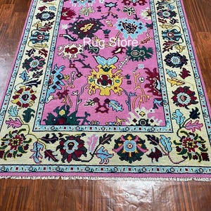 Pink Oushak Rug Hand-Knotted Wool | Turkish Vintage Area Carpet | Floral Medallion Oriental Rug for Living Room Bedroom Décor