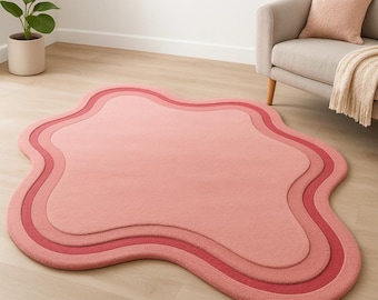 Tapete de lã irregular rosa blush, tapete de área com formato orgânico tufado à mão