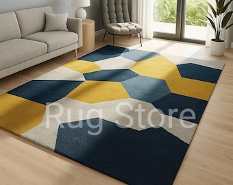 Bold Abstract Hexagon Area Rug – Blue and Yellow Modern Living Room Carpet