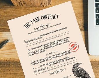 Husband/Wife Procrastination Contract – Do the Task or the Other Gets Paid-Productivity-Task Completion Agreement-Printable Contract