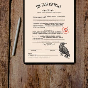 May include: A digital tablet shows "The Task Contract" with text and a raven illustration. The contract includes sections for task details, deadlines, and signatures. A stylus rests on the wooden surface beside the tablet.