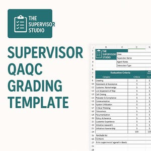 May include: A teal-colored graphic with the text "THE SUPERVISOR STUDIO" and a checklist icon. Below, the words "SUPERVISOR QAQC GRADING TEMPLATE" are displayed in teal. A spreadsheet is visible on the right.