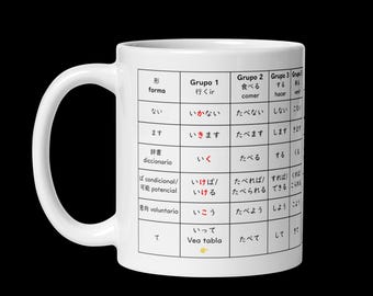 Puede incluir: Taza de cerámica blanca con una tabla de conjugación de verbos japoneses. La tabla tiene texto en negro y rojo, que detalla las formas y grupos de verbos. La taza tiene un asa curva y un acabado brillante.