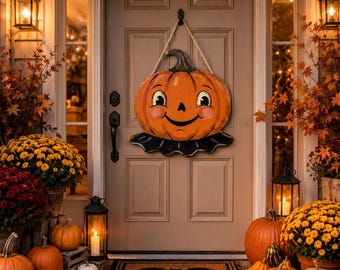 May include: A wooden pumpkin door hanger featuring a painted orange jack-o'-lantern face with large eyes and a black ruffled collar, suspended by a thick jute rope against a solid brown door with a black handle and a black bat-shaped doormat.