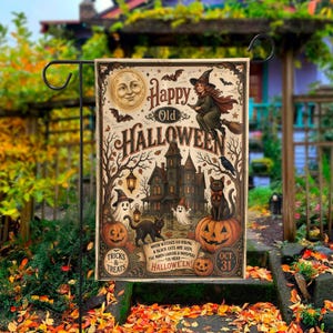 May include: A rectangular garden flag featuring a vintage-style Halloween illustration with a haunted house, a witch on a broomstick, pumpkins, black cats, and ghosts. The text reads Happy Old Halloween, Tricks & Treats, and Oct. 31.