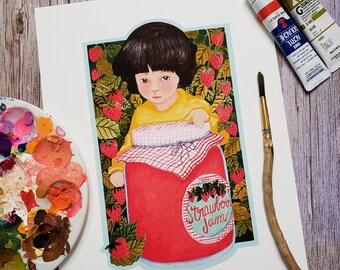 8 x 10 reproduction of acrylic gouache illustration "Strawberry Jam"