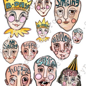 Peut inclure: Une collection de neuf visages peints à la main avec différentes expressions et des mots comme "Je souris", "heureux", "B-Day", "fête" et "doux".