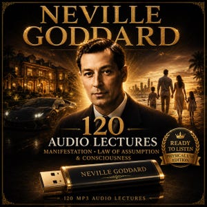 Könnte beinhalten: Ein schwarzer USB-Stick mit goldenen Akzenten und der Aufschrift NEVILLE GODDARD vor einem digitalen Hintergrundbild mit einem Mann, einem Luxusauto, einem Herrenhaus und einer Familie am Strand, inklusive Text 120 AUDIO LECTURES, MANIFESTATION, LAW OF ASSUMPTION & CONSCIOUSNESS.